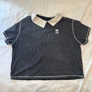 Social Collision Skull Collared Crop Top M Black Acid Wash Goth Grunge Emo Punk